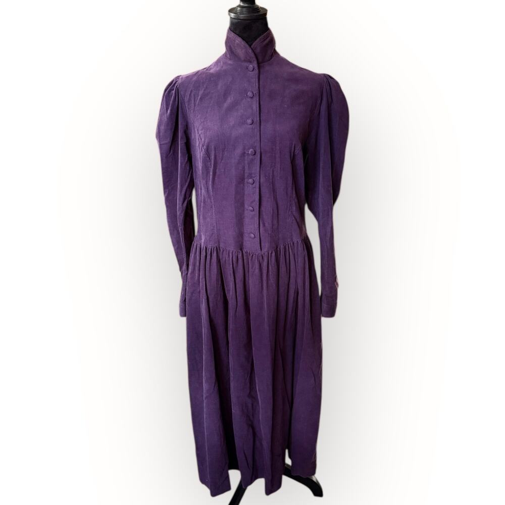Laura Ashley Vintage 80s Deep Purple Corduroy Button Front Midi Dress Size 12 - Picture 4 of 16